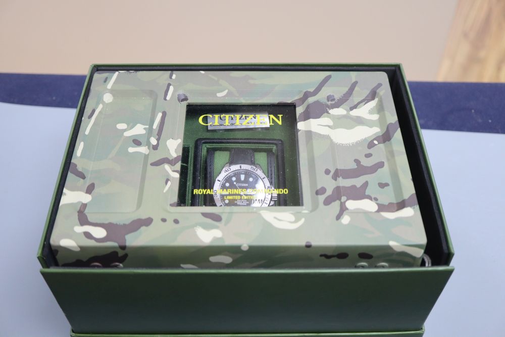 A gentlemans modern limited edition (583/1000) Citizen Eco Drive Royal Marine Commando wrist watch